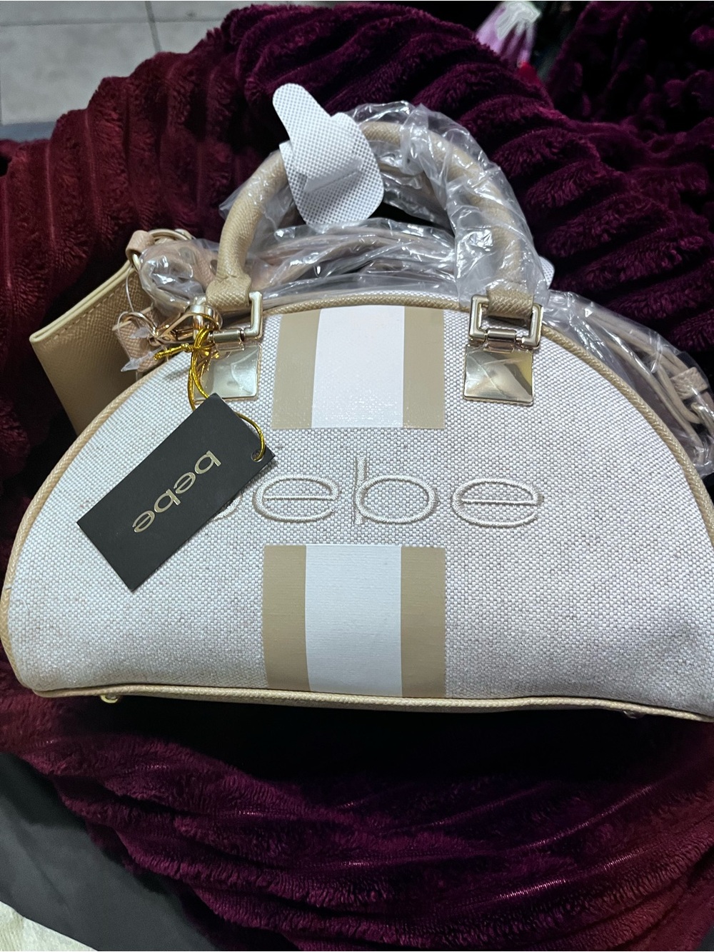 bebe Cream and White Dome Crossbody Satchel